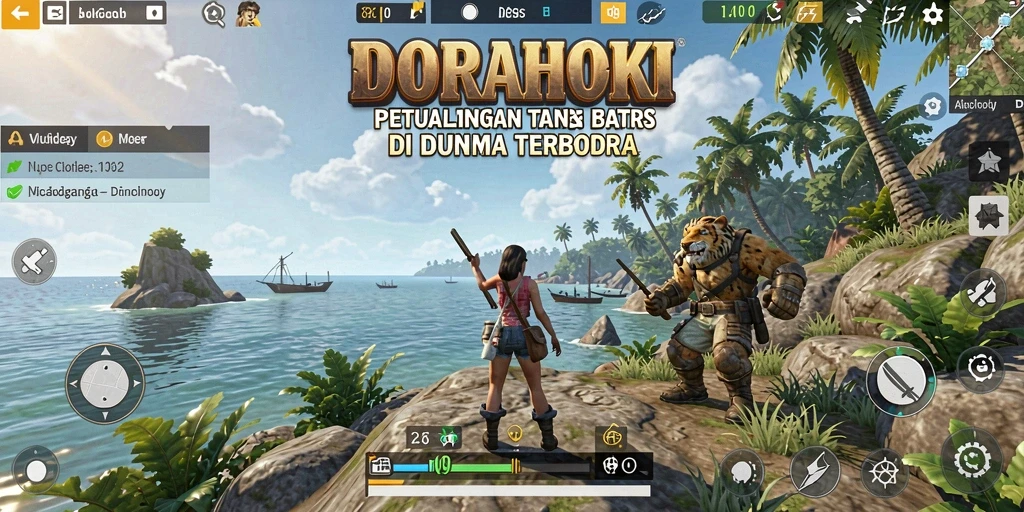 Tangkapan layar gameplay yang menggambarkan eksplorasi dunia terbuka DORAHOKI.
