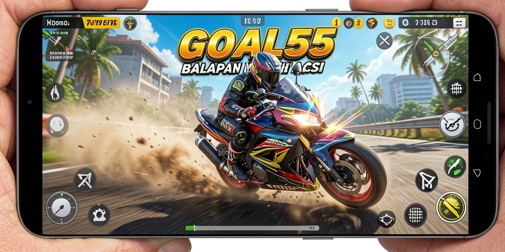 Tangkapan layar utama menunjukkan balapan motor seru dalam GOAL55.