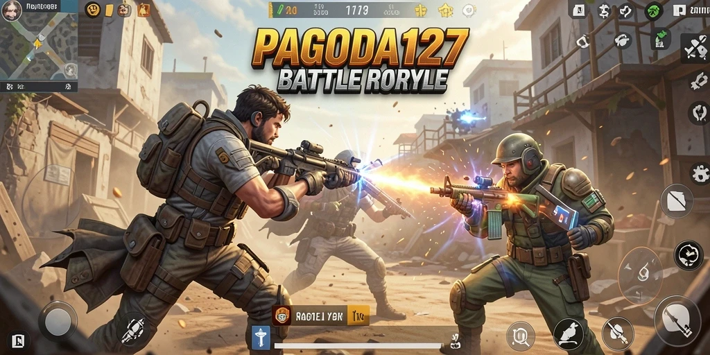 Screenshot menunjukkan aksi pertempuran dalam permainan Battle Royale yang mendebarkan.