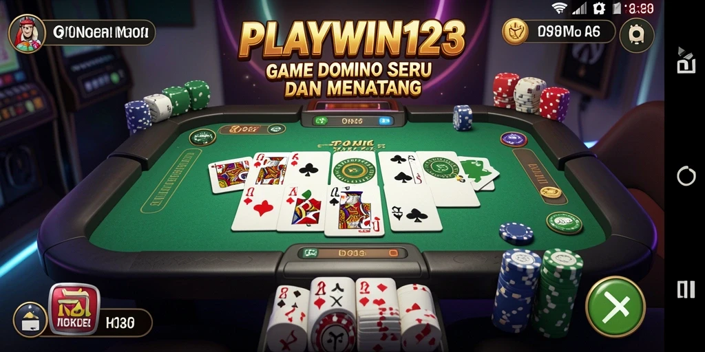 Screenshot menampilkan gameplay menantang dari PLAYWIN123 di permainan Domino.