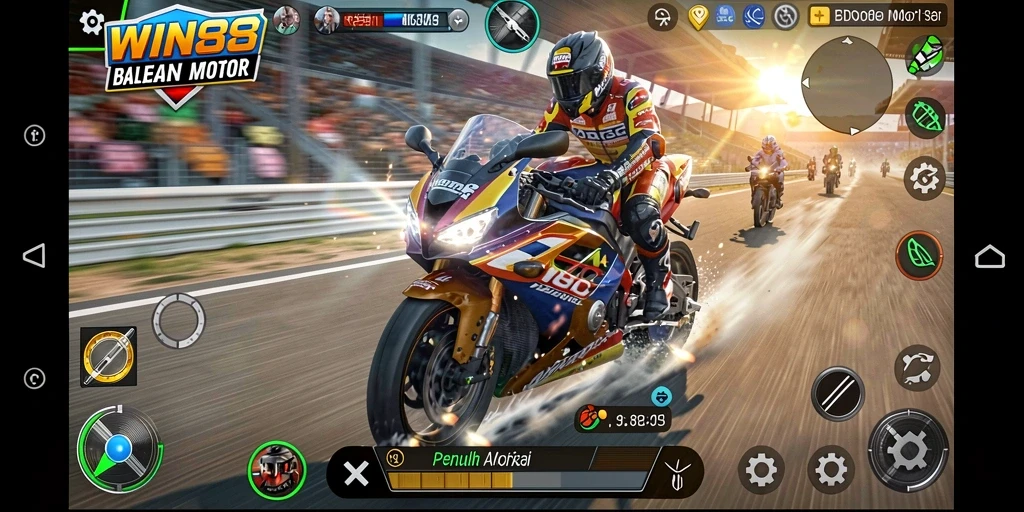 Screenshot gameplay <strong>WIN88</strong> menampilkan aksi balapan motor yang seru.